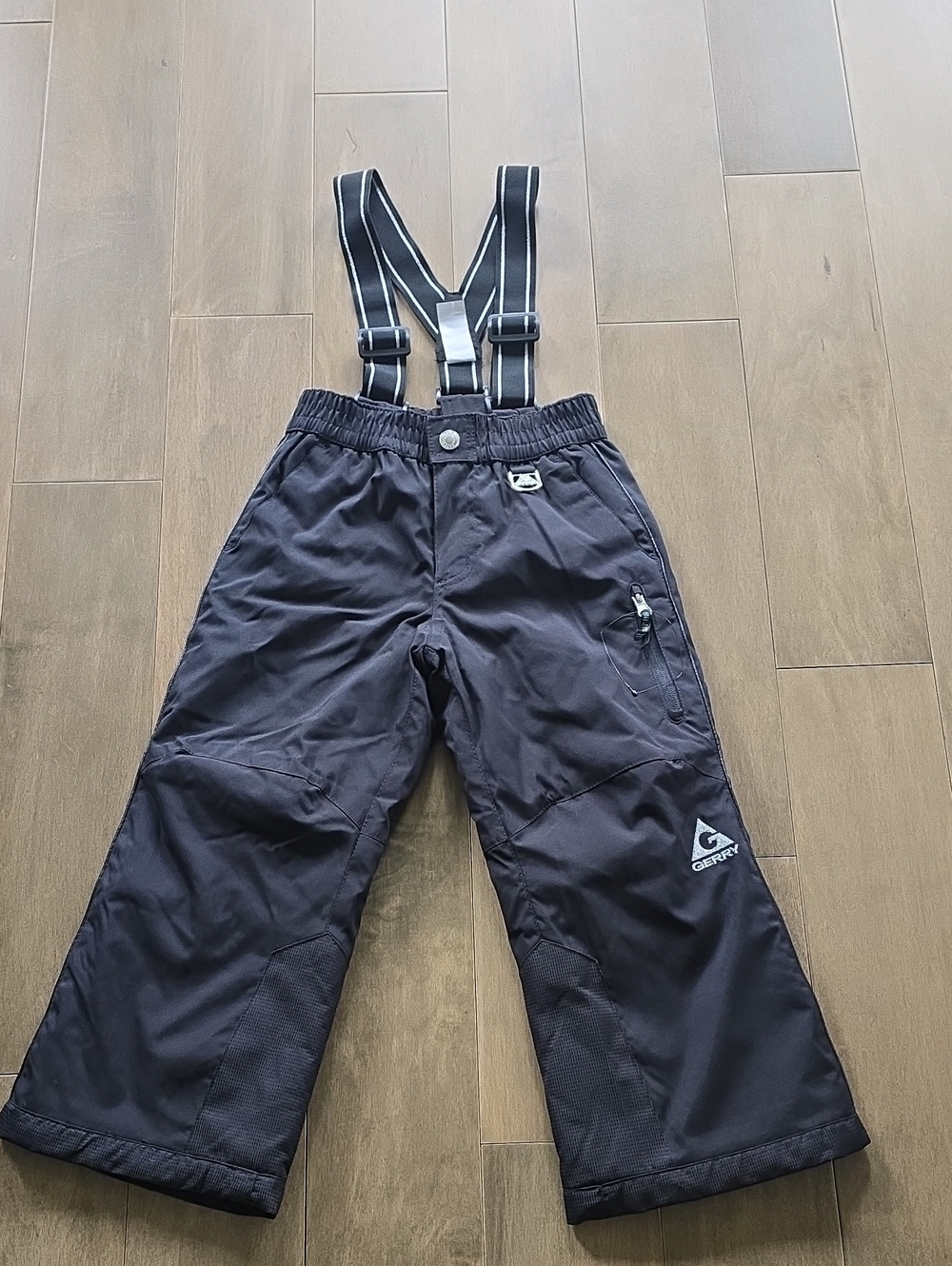 Kids Black Insulated Ski Overalls with Striped Suspenders